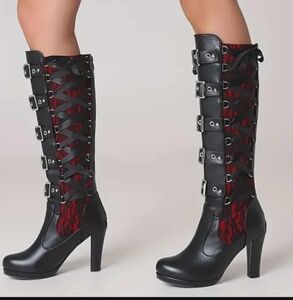 Punk Goth Pleather Buckle High Heel Boots Black Red Lace-Up New 38 7.5